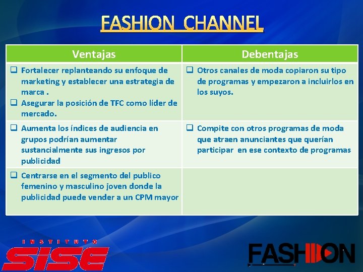 FASHION CHANNEL V Ventajas Debentajas q Aumenta los índices de audiencia en grupos podrían