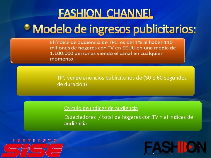 FASHION CHANNEL Modelo de ingresos publicitarios: TFC vende anuncios publicitarios de (30 o 60