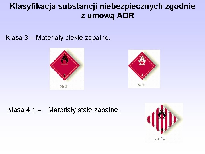Klasyfikacja substancji niebezpiecznych zgodnie z umową ADR Klasa 3 – Materiały ciekłe zapalne. Klasa Klasyfikacja substancji niebezpiecznych zgodnie z umową ADR Klasa 3 – Materiały ciekłe zapalne. Klasa