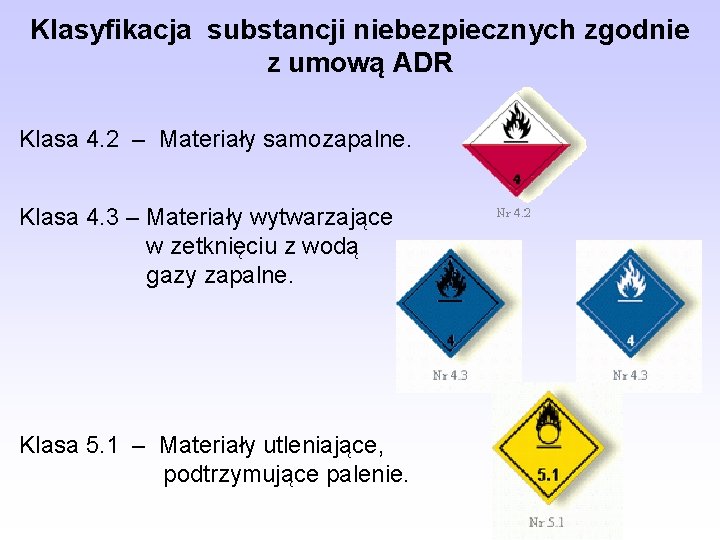 Klasyfikacja substancji niebezpiecznych zgodnie z umową ADR Klasa 4. 2 – Materiały samozapalne. Klasa