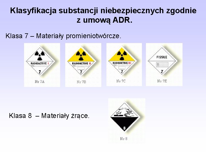 Klasyfikacja substancji niebezpiecznych zgodnie z umową ADR. Klasa 7 – Materiały promieniotwórcze. Klasa 8