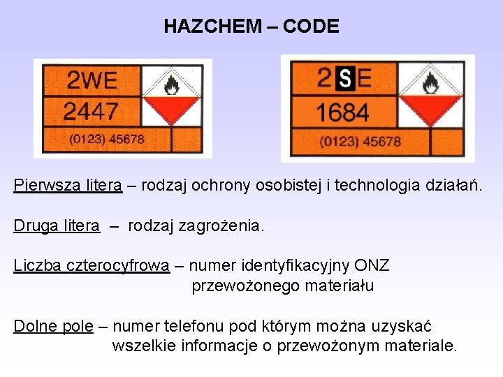 HAZCHEM – CODE Pierwsza litera – rodzaj ochrony osobistej i technologia działań. Druga litera