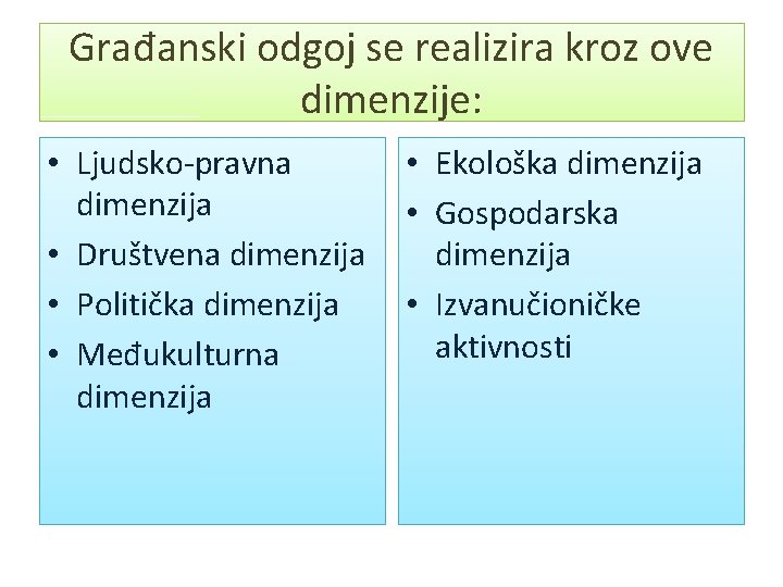 Građanski odgoj se realizira kroz ove dimenzije: • Ljudsko-pravna dimenzija • Društvena dimenzija •