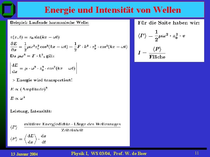 Energie und Intensität von Wellen 13 Januar 2004 Physik I, WS 03/04, Prof. W.