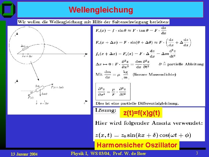 Wellengleichung z(t)=f(x)g(t) Harmonsicher Oszillator 13 Januar 2004 Physik I, WS 03/04, Prof. W. de