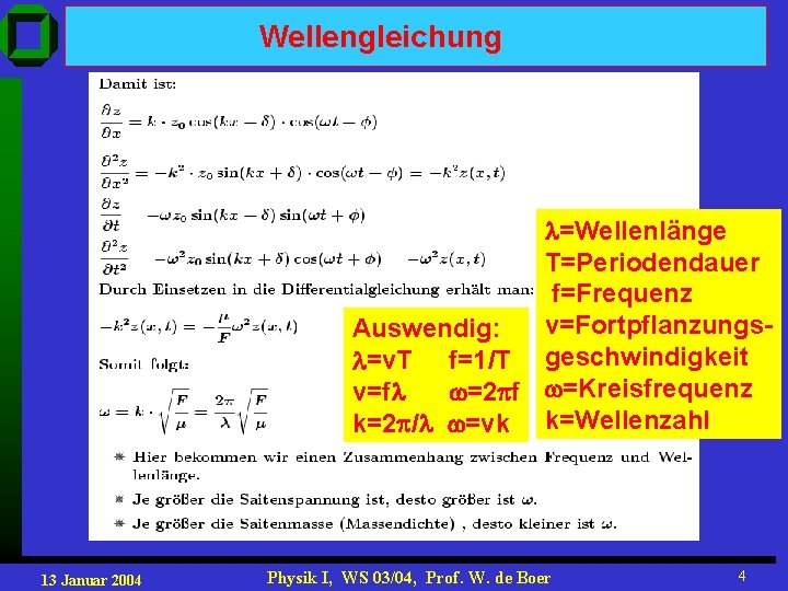 Wellengleichung =Wellenlänge T=Periodendauer f=Frequenz v=Fortpflanzungs. Auswendig: =v. T f=1/T geschwindigkeit v=f =2 f =Kreisfrequenz