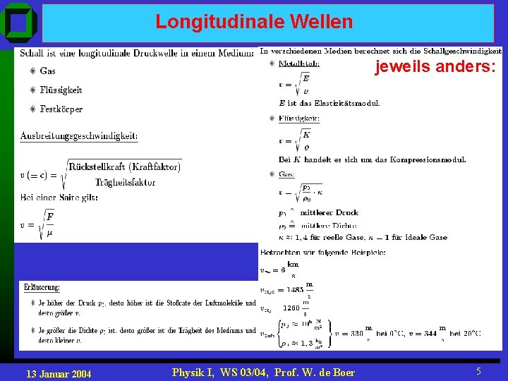 Longitudinale Wellen jeweils anders: 13 Januar 2004 Physik I, WS 03/04, Prof. W. de