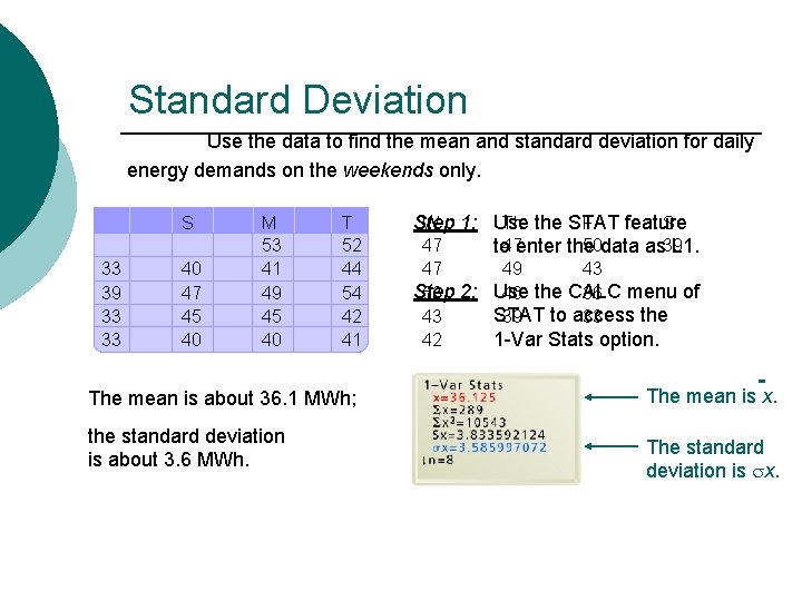 Standard Deviation Use the data to find the mean and standard deviation for daily