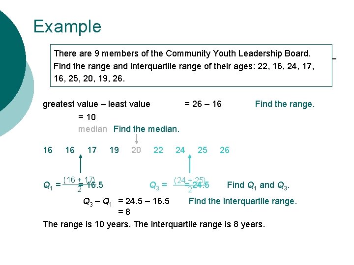 Example There are 9 members of the Community Youth Leadership Board. Find the range