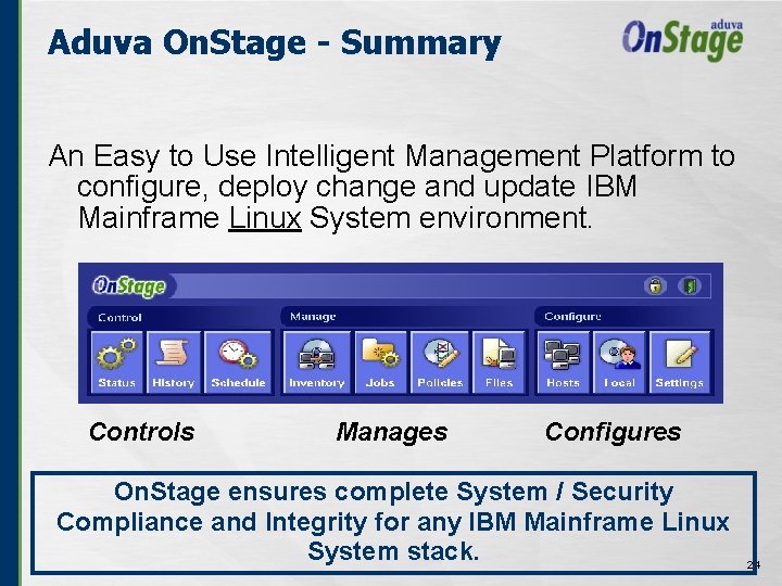 Aduva On. Stage - Summary An Easy to Use Intelligent Management Platform to configure,