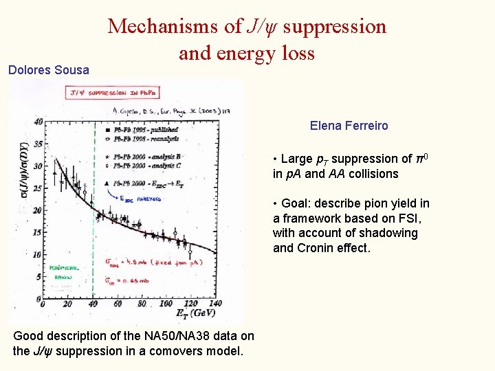 Dolores Sousa Mechanisms of J/ψ suppression and energy loss Elena Ferreiro • Large p.