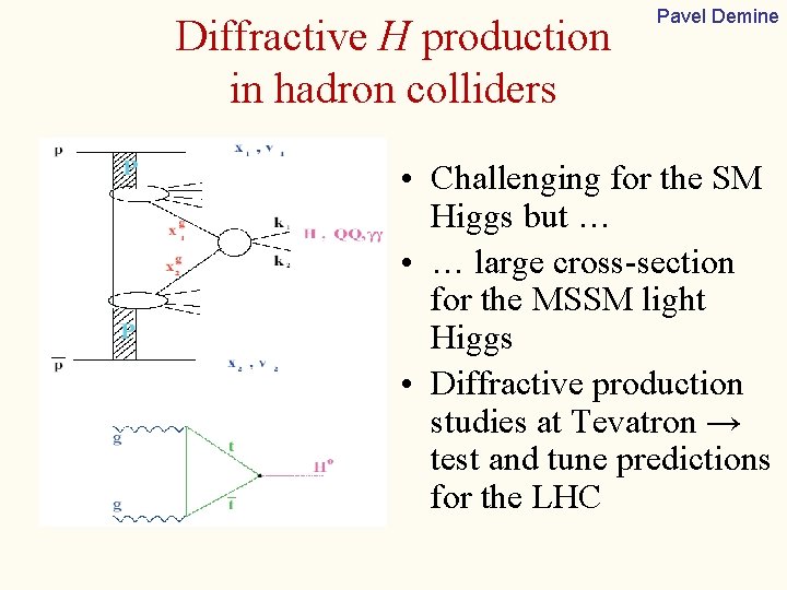 Diffractive H production in hadron colliders Pavel Demine • Challenging for the SM Higgs