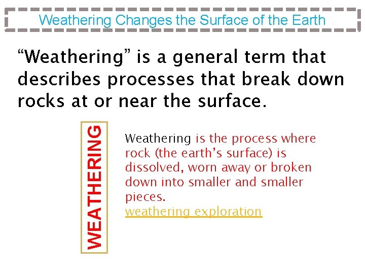 Weathering Changes the Surface of the Earth WEATHERING “Weathering” is a general term that