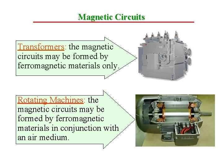 Magnetic Circuits Transformers: the magnetic circuits may be formed by ferromagnetic materials only. Rotating