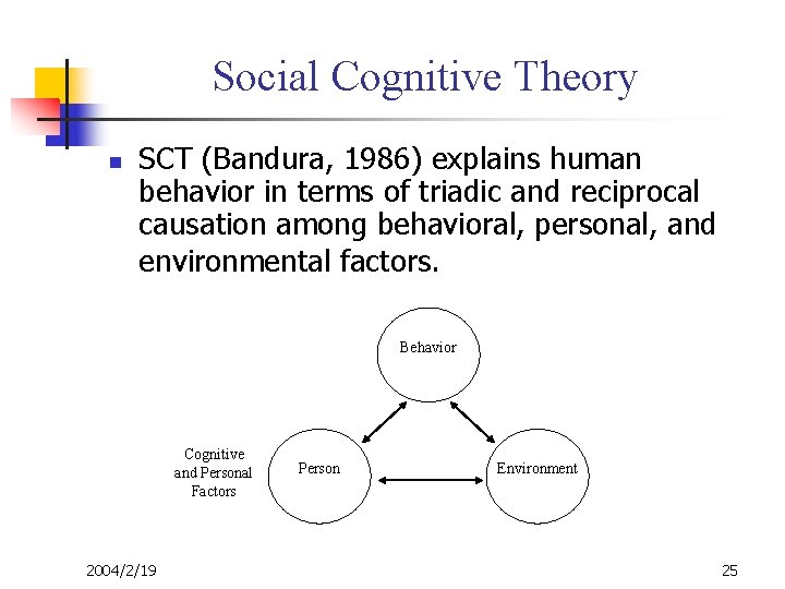 Social Cognitive Theory n SCT (Bandura, 1986) explains human behavior in terms of triadic