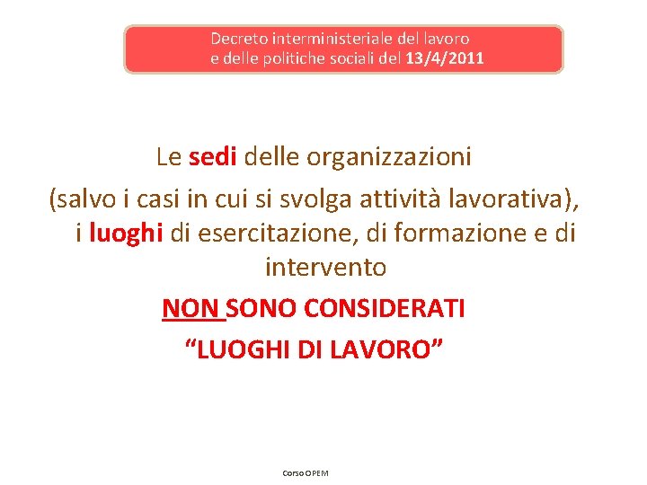 Decreto interministeriale del lavoro e delle politiche sociali del 13/4/2011 Le sedi delle organizzazioni Decreto interministeriale del lavoro e delle politiche sociali del 13/4/2011 Le sedi delle organizzazioni