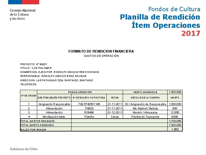 Fondos de Cultura Planilla de Rendición Ítem Operaciones 2017 FORMATO DE RENDICION FINANCIERA GASTOS