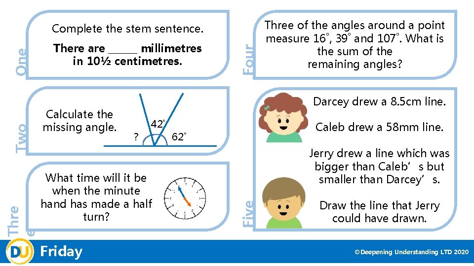 Calculate the missing angle. Three of the angles around a point measure 16˚, 39˚