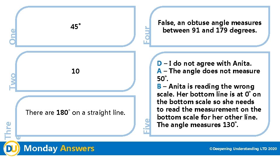 Four One Two 45˚ 10 Thre e Five There are 180˚ on a straight