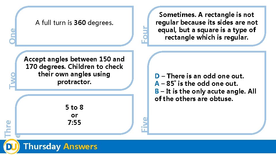 Four Accept angles between 150 and 170 degrees. Children to check their own angles