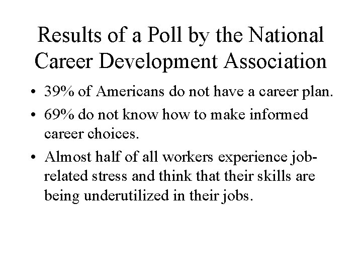 Results of a Poll by the National Career Development Association • 39% of Americans