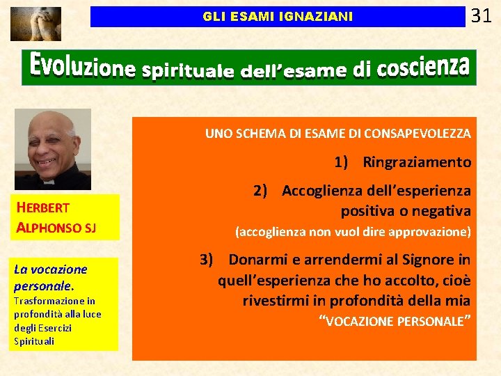 GLI ESAMI IGNAZIANI 31 UNO SCHEMA DI ESAME DI CONSAPEVOLEZZA 1) Ringraziamento HERBERT ALPHONSO GLI ESAMI IGNAZIANI 31 UNO SCHEMA DI ESAME DI CONSAPEVOLEZZA 1) Ringraziamento HERBERT ALPHONSO