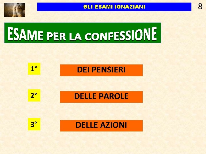 GLI ESAMI IGNAZIANI 1° DEI PENSIERI 2° DELLE PAROLE 3° DELLE AZIONI 8 GLI ESAMI IGNAZIANI 1° DEI PENSIERI 2° DELLE PAROLE 3° DELLE AZIONI 8