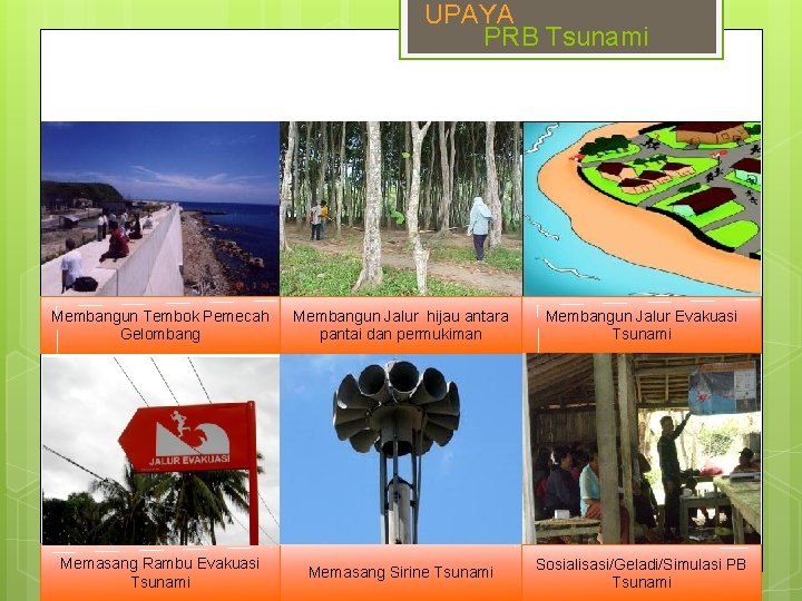 UPAYA PRB Tsunami Membangun Tembok Pemecah Gelombang Membangun Jalur hijau antara pantai dan permukiman UPAYA PRB Tsunami Membangun Tembok Pemecah Gelombang Membangun Jalur hijau antara pantai dan permukiman
