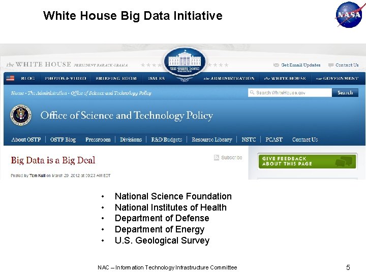 White House Big Data Initiative • • • National Science Foundation National Institutes of