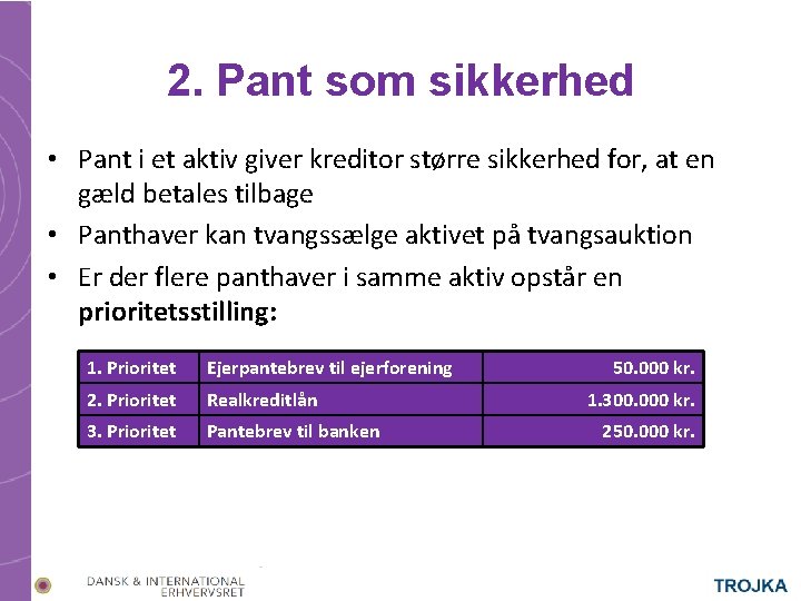 2. Pant som sikkerhed • Pant i et aktiv giver kreditor større sikkerhed for,
