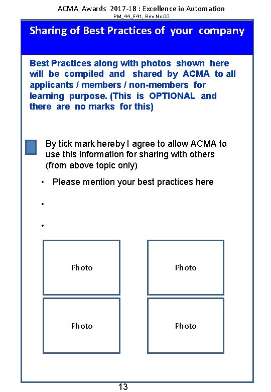 ACMA Awards 2017 -18 : Excellence in Automation PM_44_F 41, Rev No. 00 Sharing