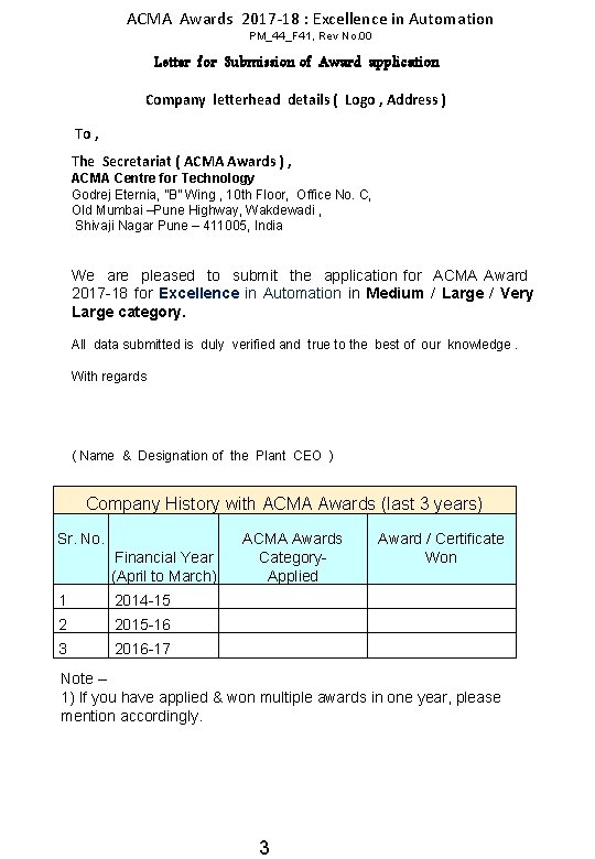 ACMA Awards 2017 -18 : Excellence in Automation PM_44_F 41, Rev No. 00 Letter