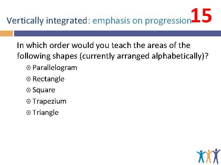 15 Vertically integrated: emphasis on progression In which order would you teach the areas