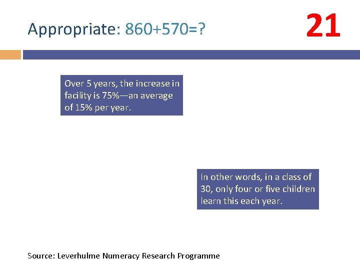 Appropriate: 860+570=? 21 Over 5 years, the increase in facility is 75%—an average of