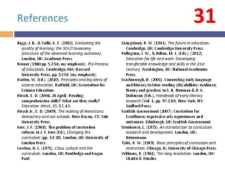 References Biggs, J. B. , & Collis, K. F. (1982). Evaluating the quality of References Biggs, J. B. , & Collis, K. F. (1982). Evaluating the quality of