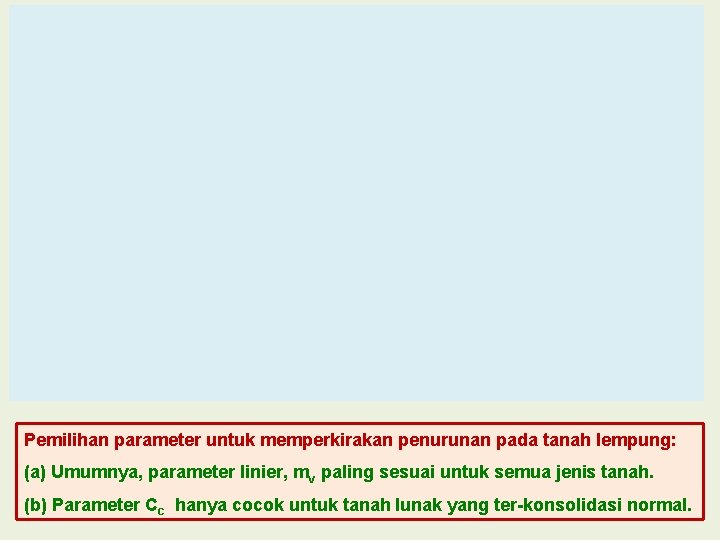 Pemilihan parameter untuk memperkirakan penurunan pada tanah lempung: (a) Umumnya, parameter linier, mv paling