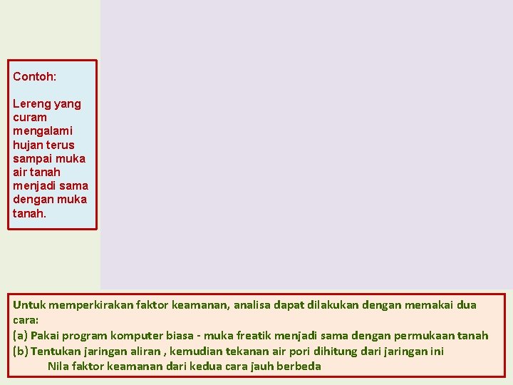 Contoh: Lereng yang curam mengalami hujan terus sampai muka air tanah menjadi sama dengan Contoh: Lereng yang curam mengalami hujan terus sampai muka air tanah menjadi sama dengan