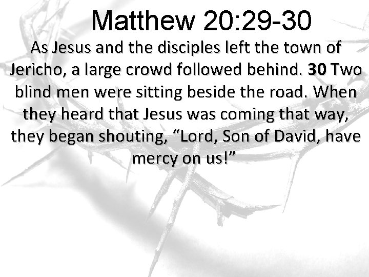 Matthew 20: 29 -30 As Jesus and the disciples left the town of Jericho, Matthew 20: 29 -30 As Jesus and the disciples left the town of Jericho,