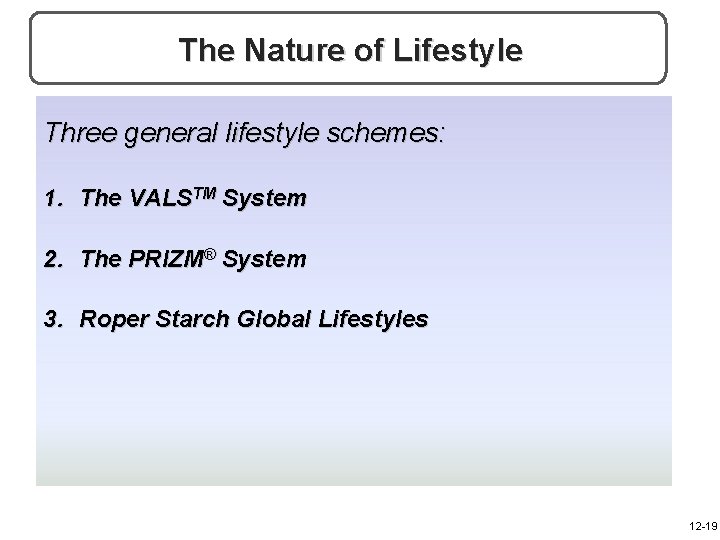 The Nature of Lifestyle Three general lifestyle schemes: 1. The VALSTM System 2. The