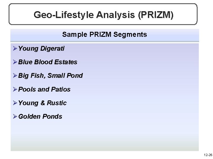 Geo-Lifestyle Analysis (PRIZM) Sample PRIZM Segments ØYoung Digerati ØBlue Blood Estates ØBig Fish, Small