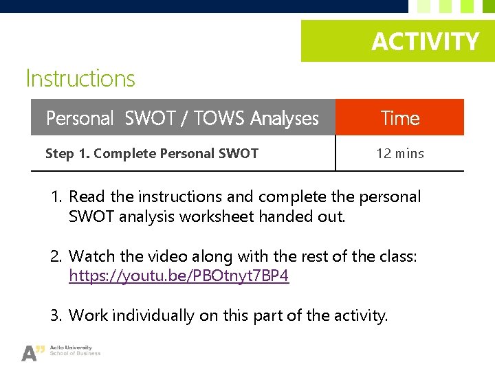 ACTIVITY Instructions Personal SWOT / TOWS Analyses Time Step 1. Complete Personal SWOT 12