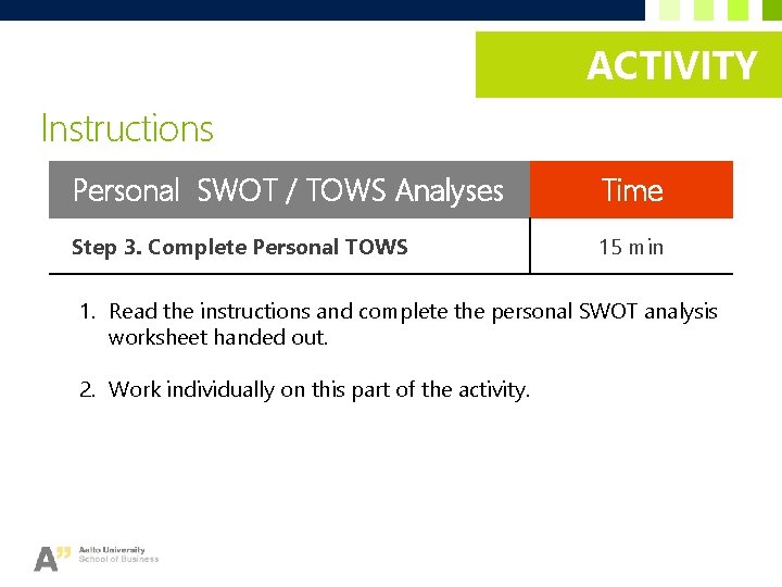 ACTIVITY Instructions Personal SWOT / TOWS Analyses Time Step 3. Complete Personal TOWS 15