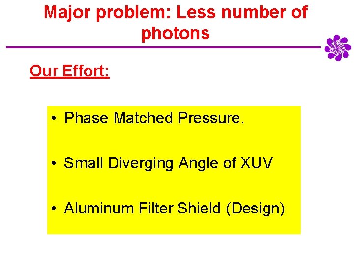 Major problem: Less number of photons Our Effort: • Phase Matched Pressure. • Small
