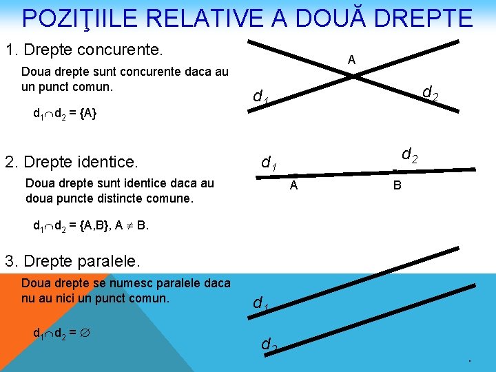 POZIŢIILE RELATIVE A DOUĂ DREPTE 1. Drepte concurente. Doua drepte sunt concurente daca au