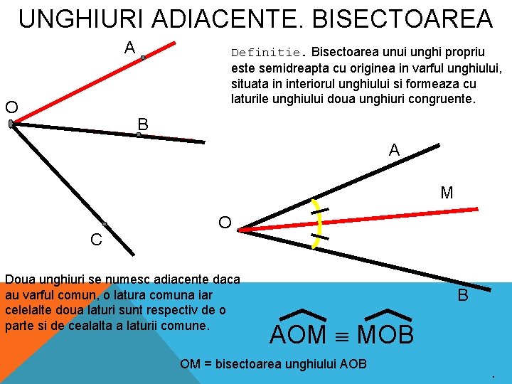 UNGHIURI ADIACENTE. BISECTOAREA A O Definitie. Bisectoarea unui unghi propriu este semidreapta cu originea