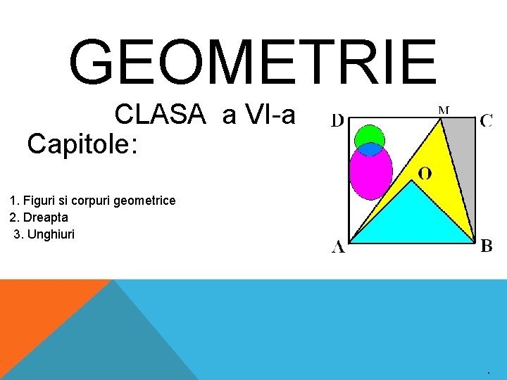 GEOMETRIE CLASA a VI-a Capitole: 1. Figuri si corpuri geometrice 2. Dreapta 3. Unghiuri