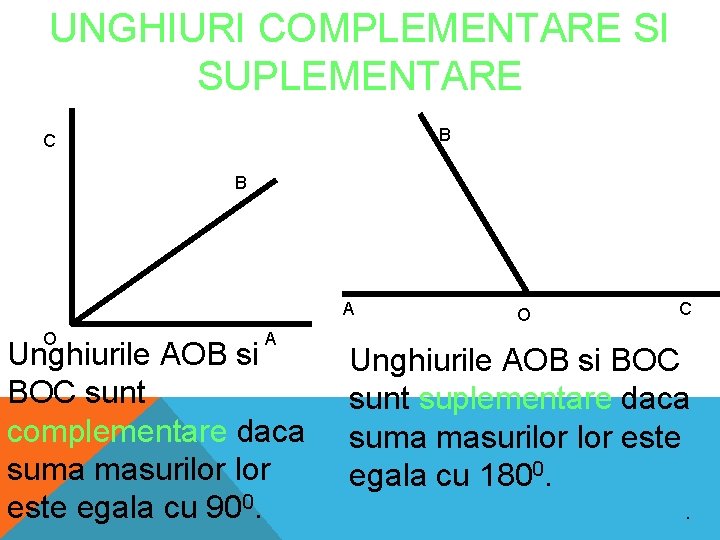 UNGHIURI COMPLEMENTARE SI SUPLEMENTARE B C B A O A Unghiurile AOB si BOC