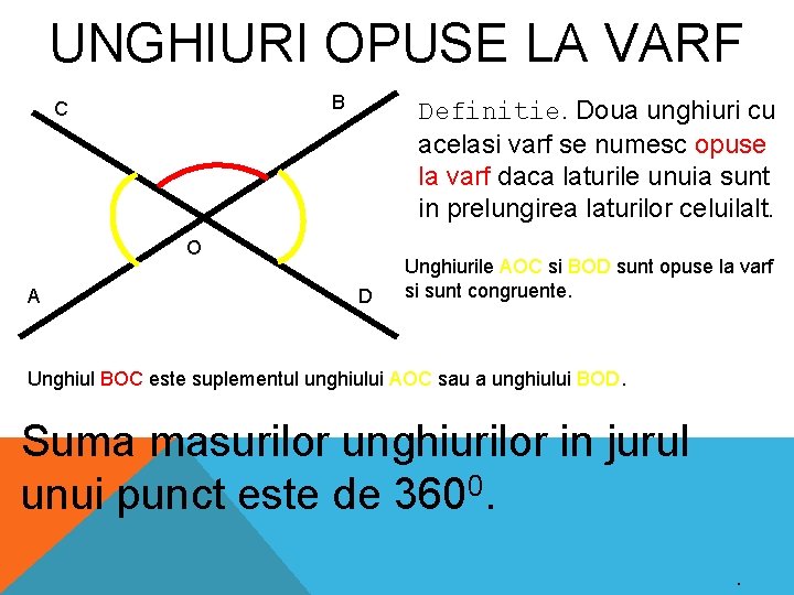 UNGHIURI OPUSE LA VARF B C Definitie. Doua unghiuri cu acelasi varf se numesc