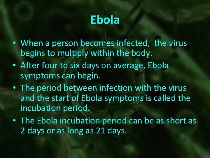 Ebola • When a person becomes infected, the virus begins to multiply within the