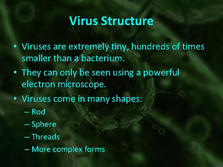 Virus Structure • Viruses are extremely tiny, hundreds of times smaller than a bacterium.